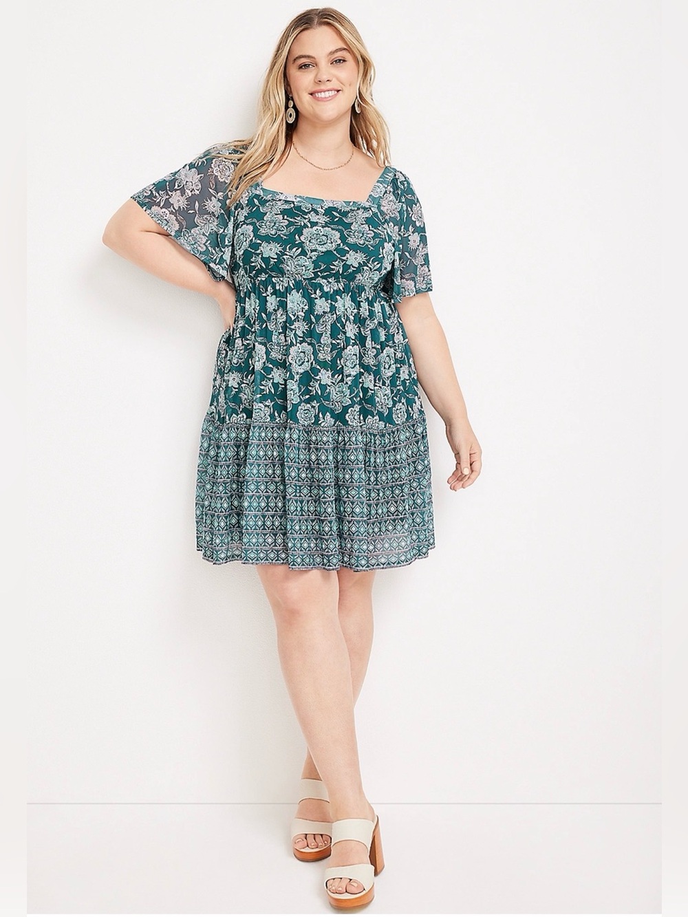 Maurice’s Teal Floral Square-Neck Tiered Mini Dress Sz Medium NWT